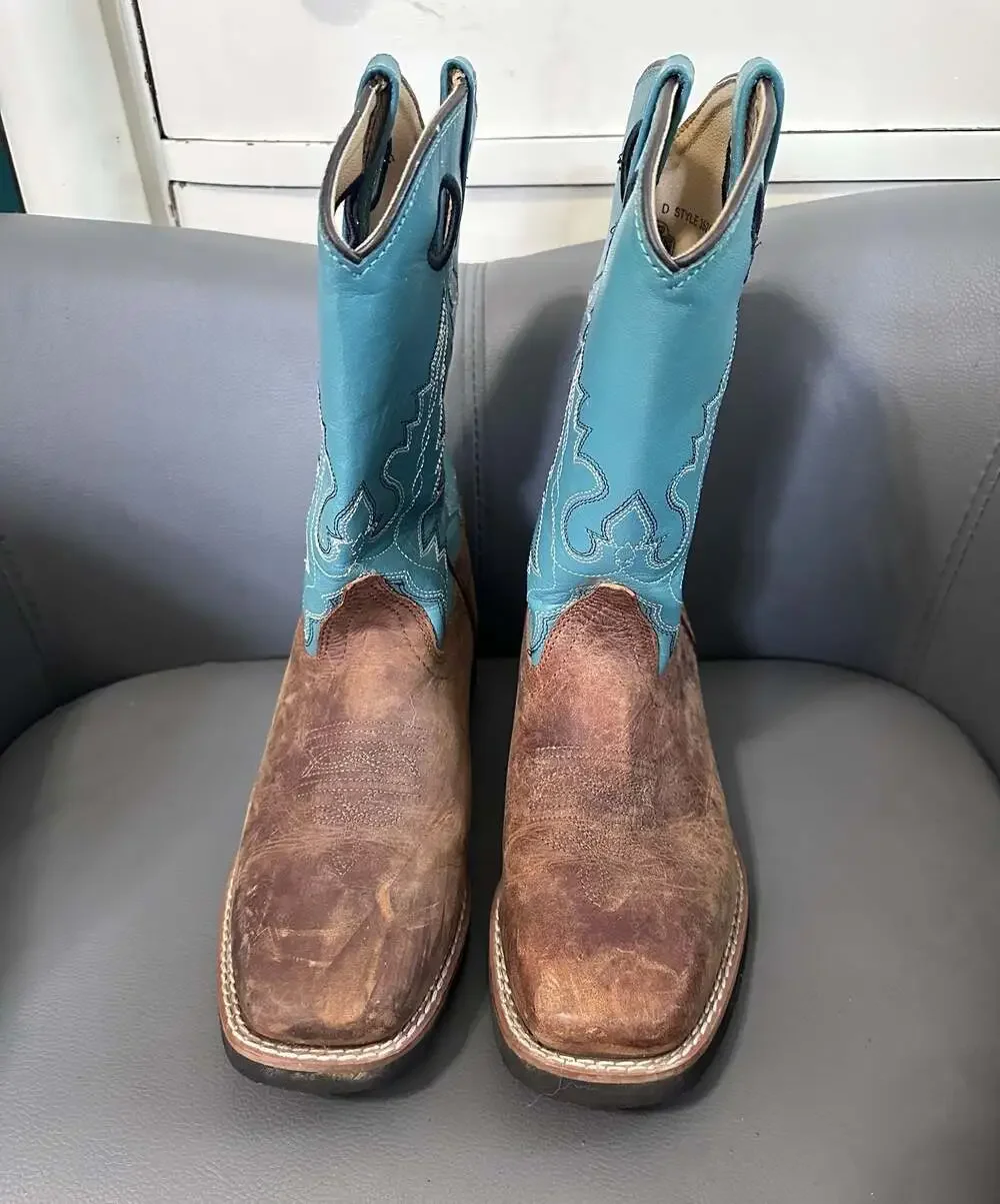 Smoky Mountain Kids' Square Toe Brown Oiled Distress/Turquoise Cowboy Boots 5